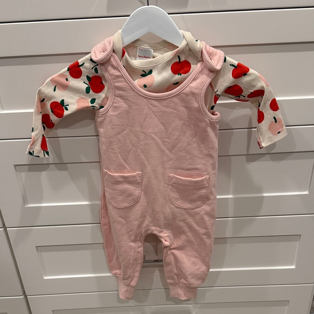 Hanna Andersson Pink Overalls and Apple Print Bodysuit